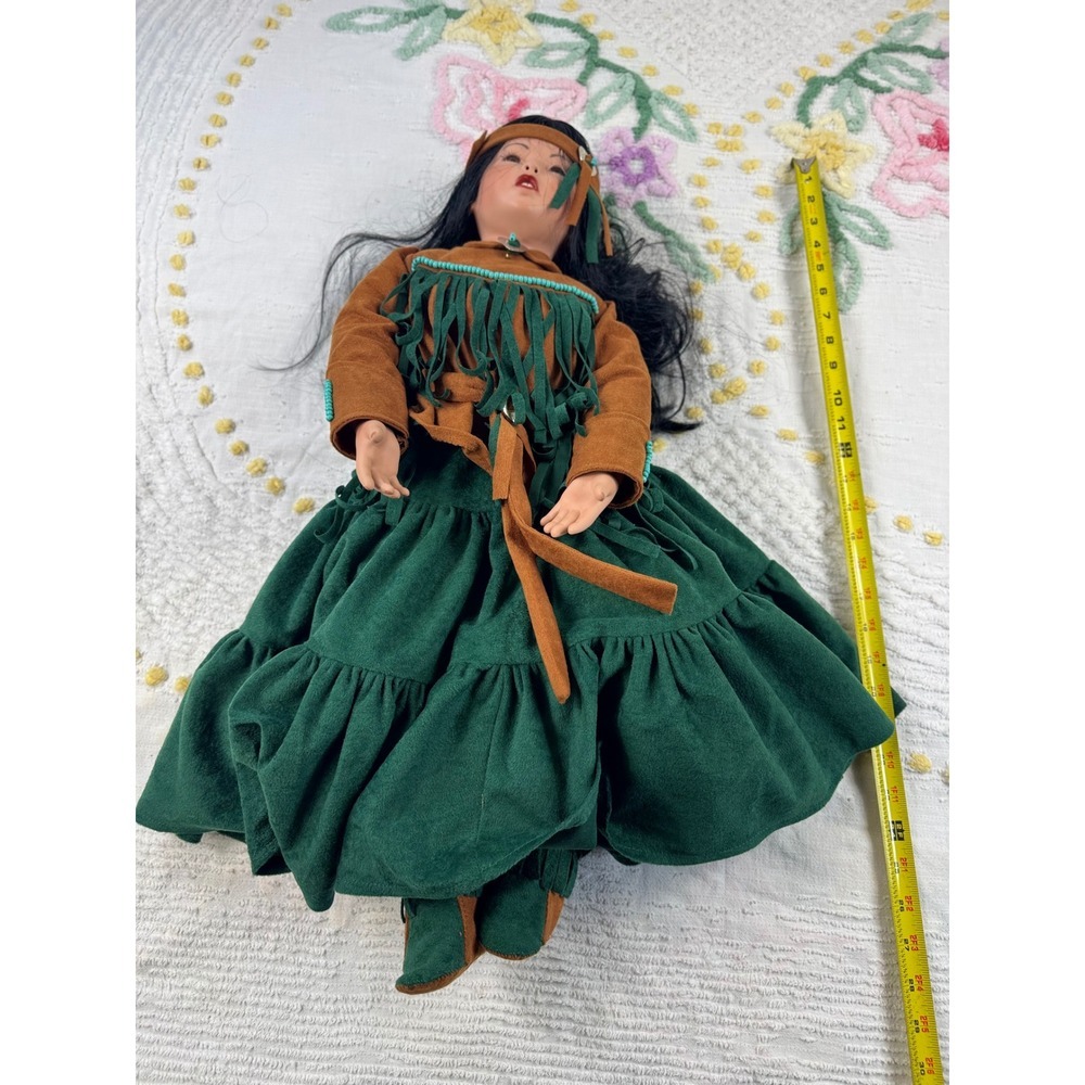 Native American Style Doll Collectible Porcelain Doll in Green Dress - Picture 6 of 9